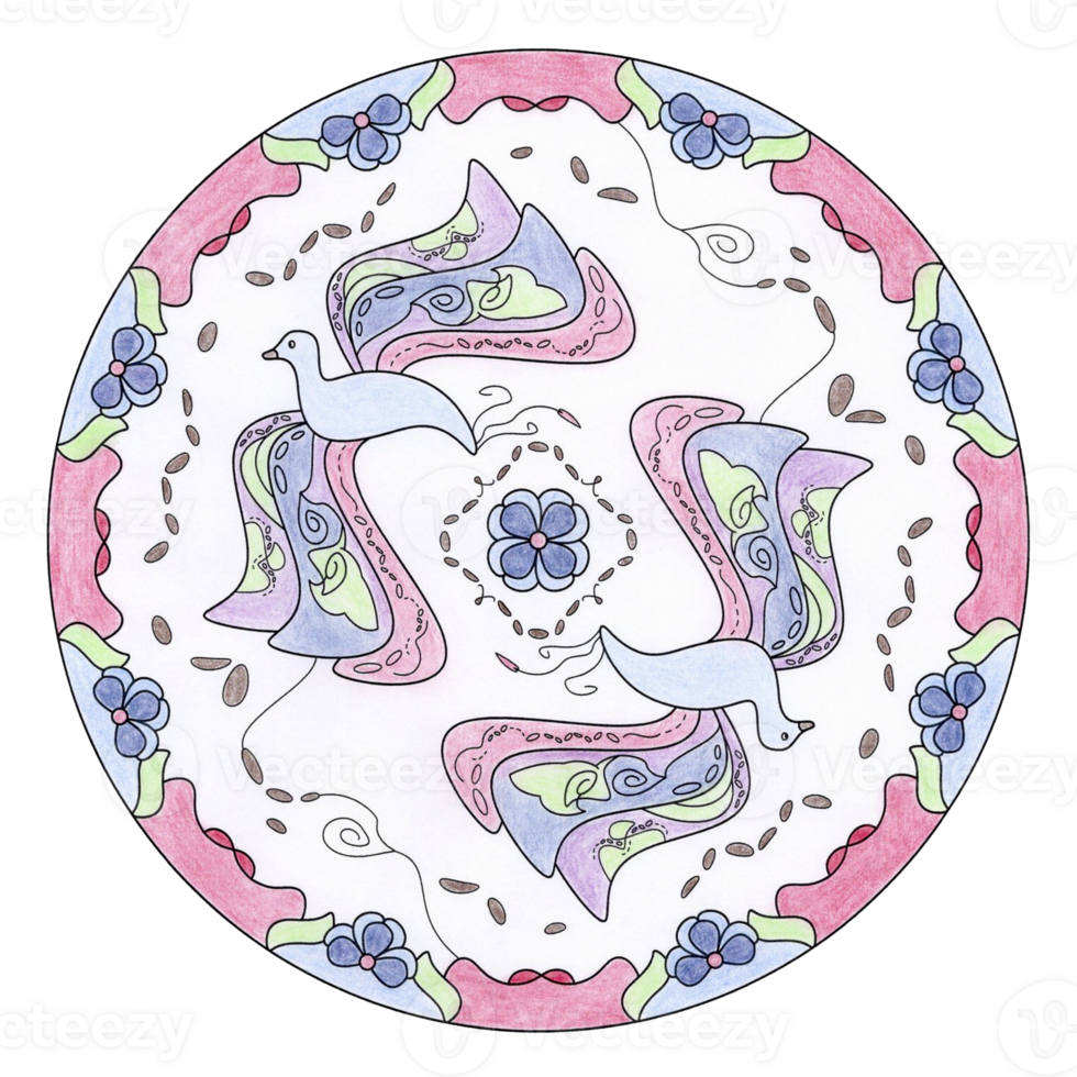Mandala with lovely fancy birds. Colored pencils. png