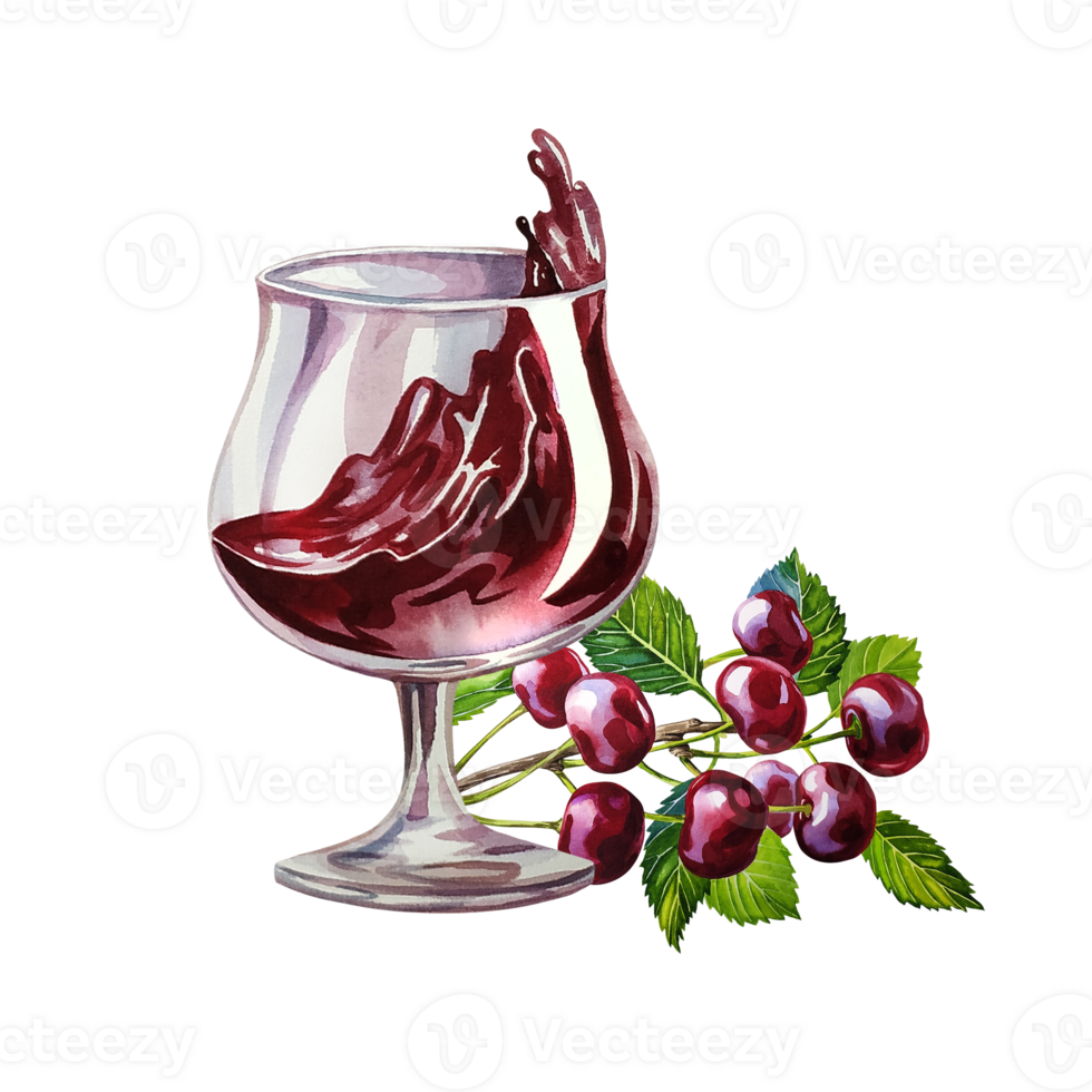 A glass of cherry juice. Ripe and juicy cherries. A hand-drawn watercolor illustration. For the design of labels, packaging and banners. For textiles, prints and stickers. For menus, invitation cards. png