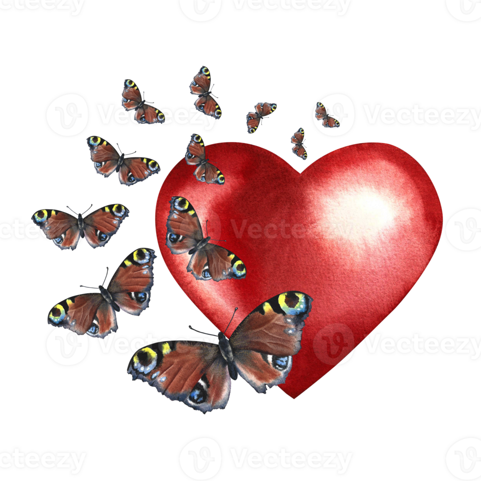 A red watercolor heart decorated with butterflies. Hand-made watercolor illustration. For Valentine's Day cards, wedding invitations. For packaging, labels and posters, flyers and prints. png