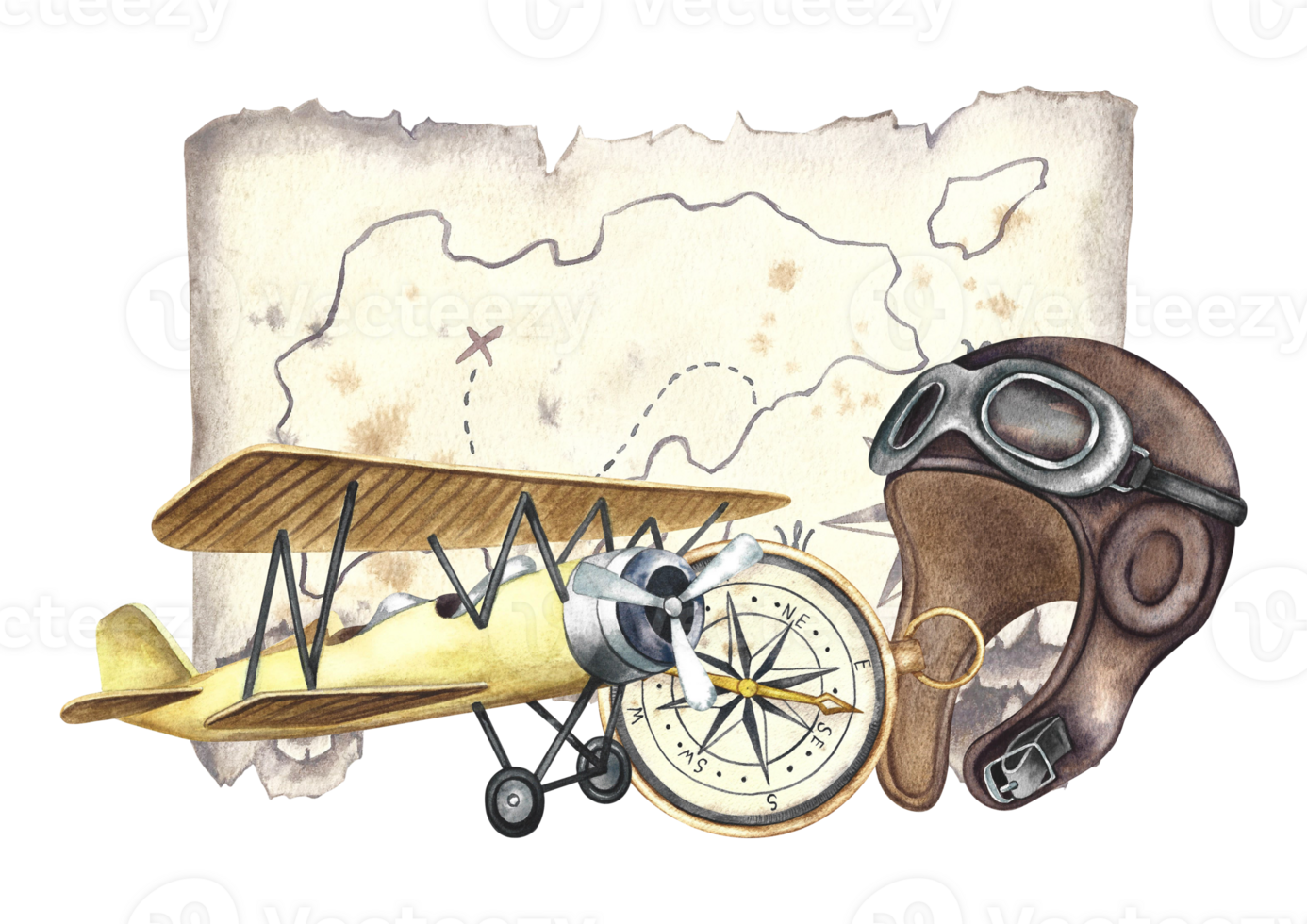 A vintage retro airplane, an old pilot's helmet, a compass and an antique map. The illustration is made by hand in watercolor. The composition is made in the retro flight style. png