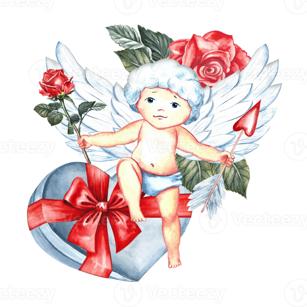 A cute little cupid on a heart-shaped gift box. Handmade watercolor illustration. For lovers, for Valentine's day and weddings. For posters, greeting cards. For printing and stickers. png