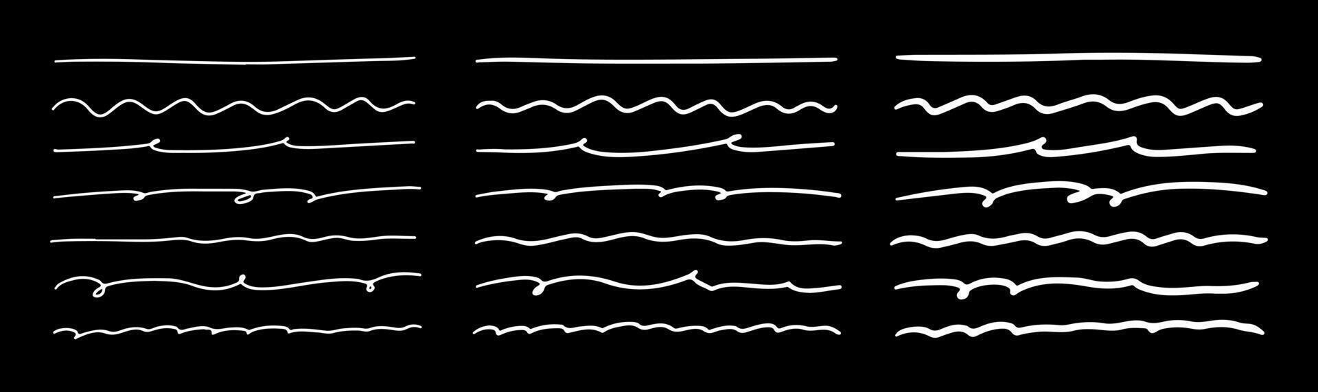 Hand drawn scribble lines. Swift crossed and wavy underlines by pen, pencil, marker. Horizontal strokes different thicknesses on black background vector