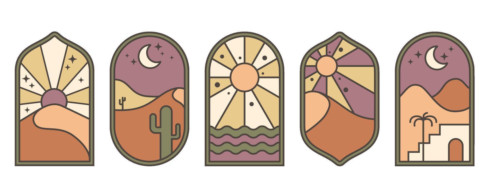 Desert boho logo with mountain and sun landscape. Bohemian valley with moon and cactus. Abstract aesthetic design set. Arc with aurora. Outline travel graphic decoration. vector