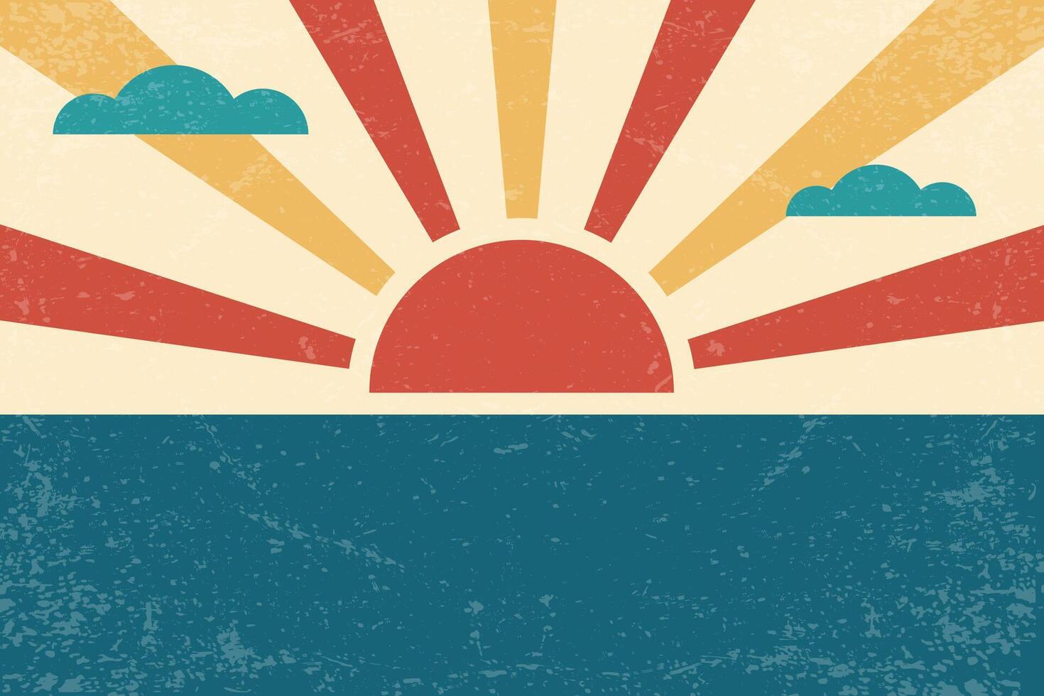Sunrise retro background. Summer 70s poster with beams and sea. Vintage groovy design with grunge old paper texture for carnival and beach party festive banner vector