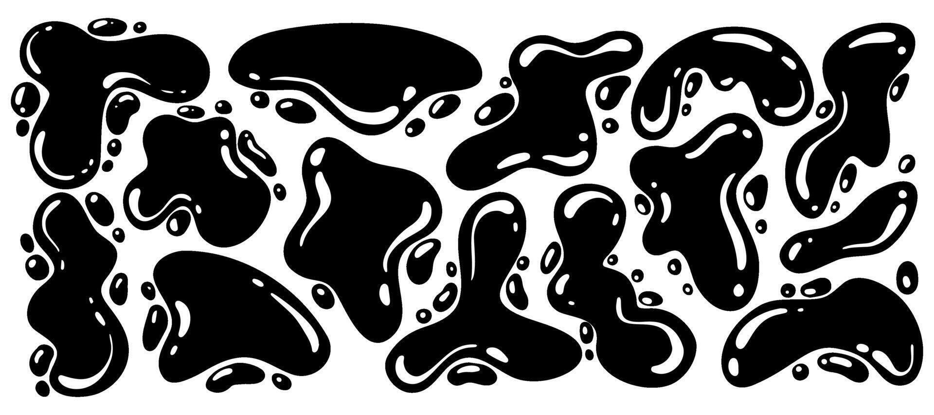 Abstract blob shapes. Organic liquid random wavy forms. Irregular fluid black spots and bubbles. Glossy elements. Trendy drops silhouettes. Modern Y2K swirl amoeba splotch. vector