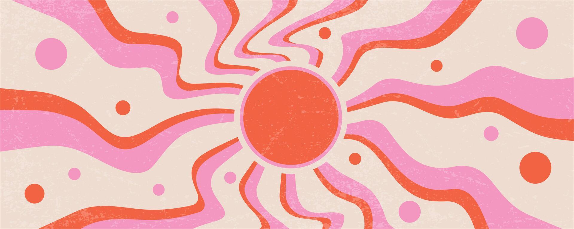 Sunrays retro background. Summer 70s poster. Abstract groovy design with grunge texture. Old paper banner with orange and pink spiral beams on yellow backdrop. vector