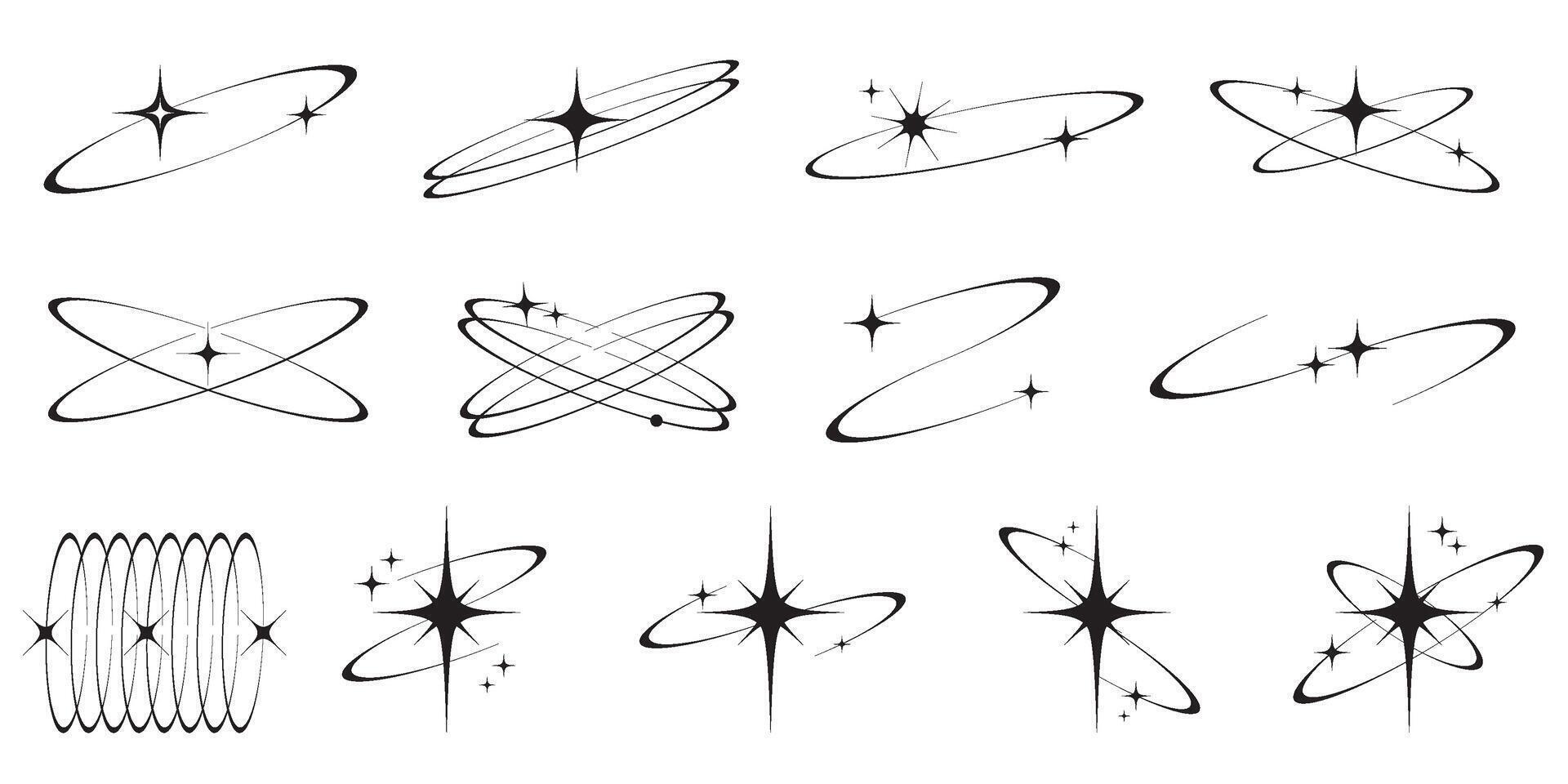 Y2k icons of star shapes Shiny glitter elements. Abstract retro minimal twinkles set with cosmic orbits. Minimal modern futuristic figures isolated on white background. vector