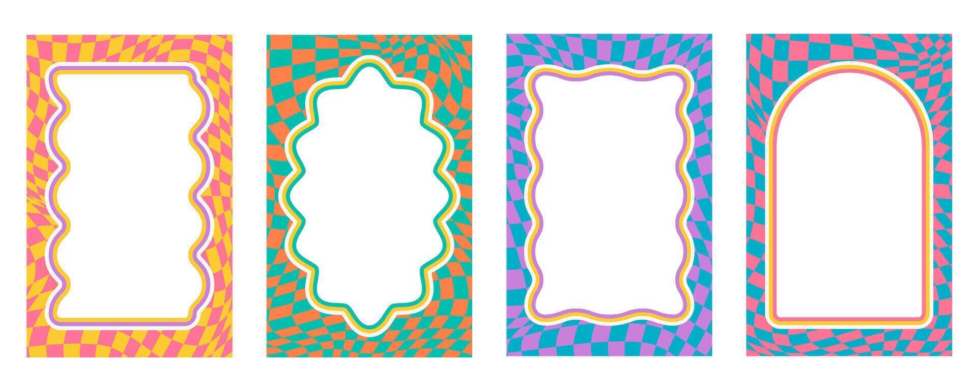 Wavy scallop border. Rectangle fun wavy chessboard frame. Cartoon hand drawn shapes for text picture and photo. Doodle groovy psychedelic template. Abstract funky y2k squiggle checkered bubble vector
