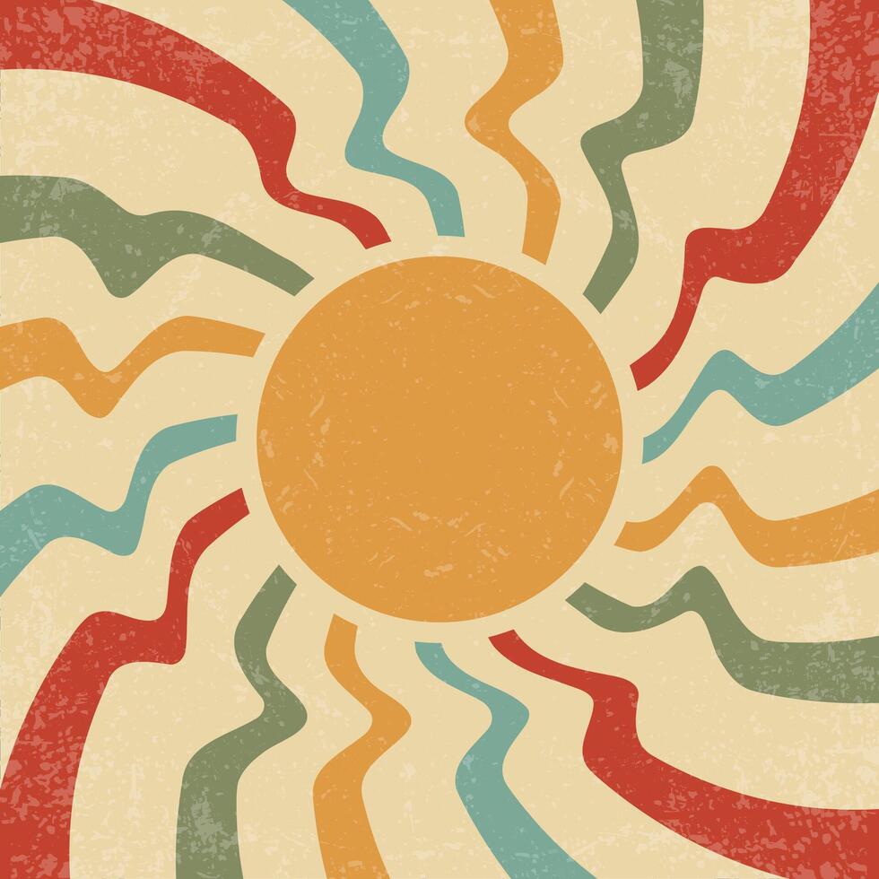 Sunrays retro background. Summer 70s festive poster. Abstract groovy design with grunge texture. Old paper banner with orange spiral beams on yellow color backdrop. vector
