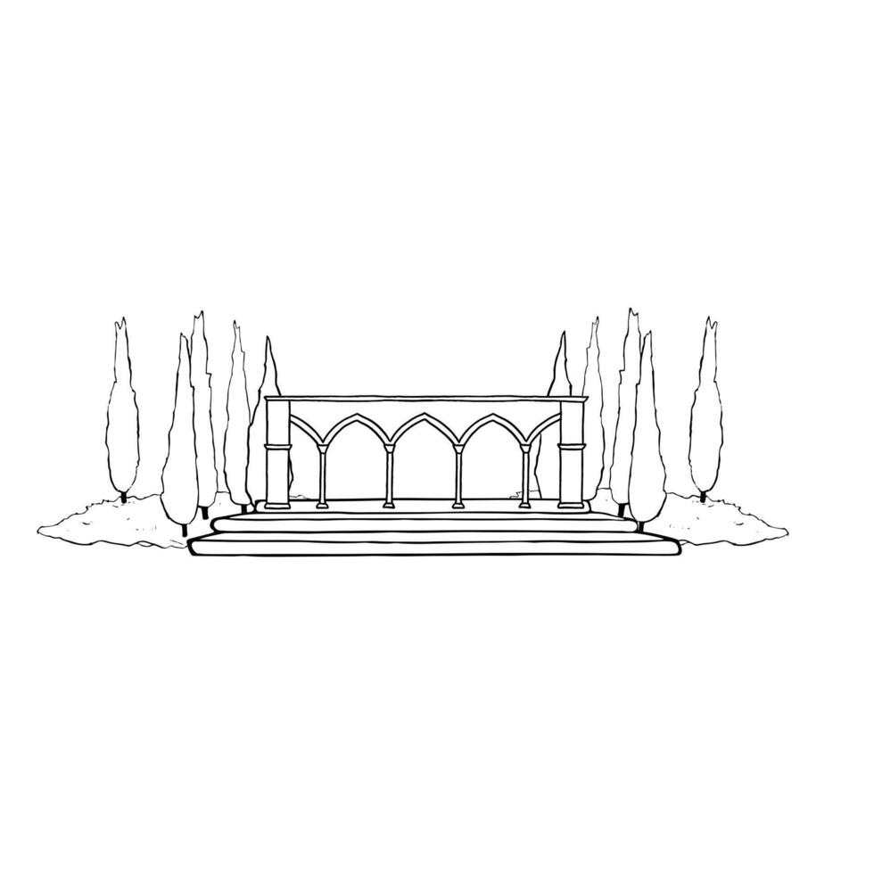 Antique colonnade with stairs steps and cypress trees landscape of Temple Mount in Jerusalem line illustration. Black and white Italian Roman architecture with columns in simple flat style vector