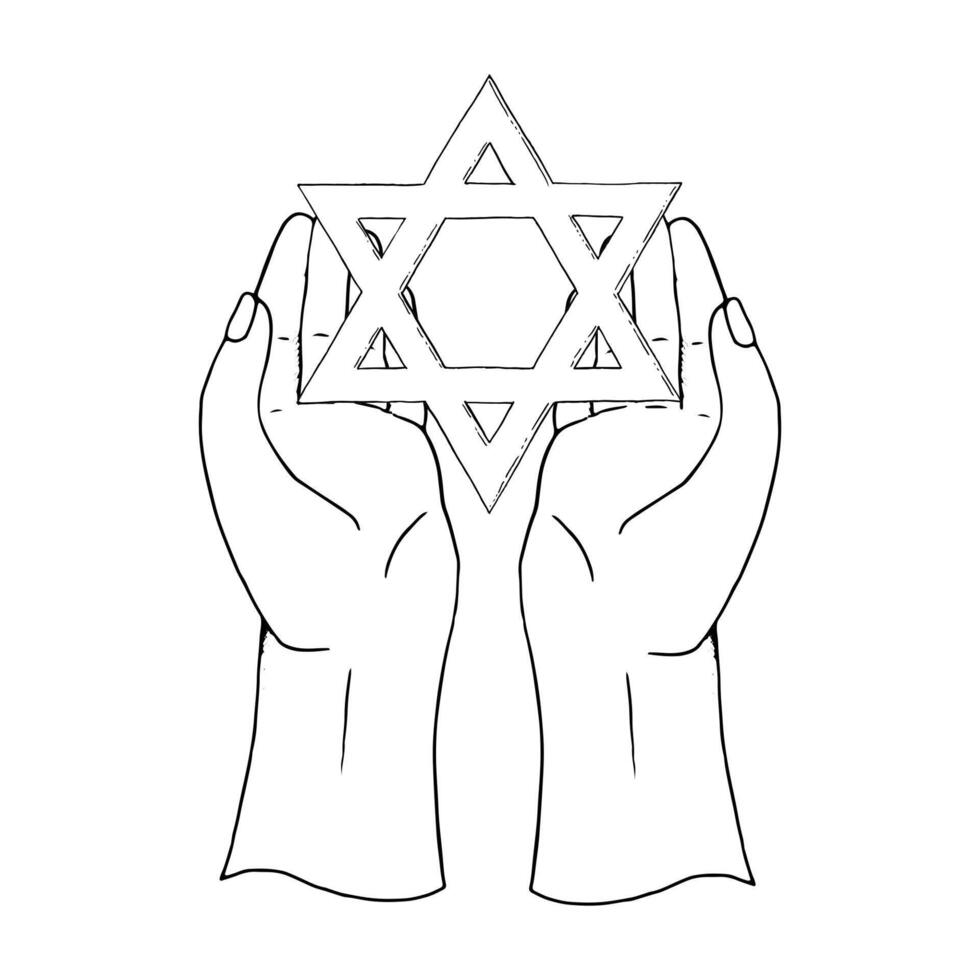 Star of David holding in hands in 7th of October commemoration line illustration in black and white. Jewish faith symbol for Judaism religious designs vector