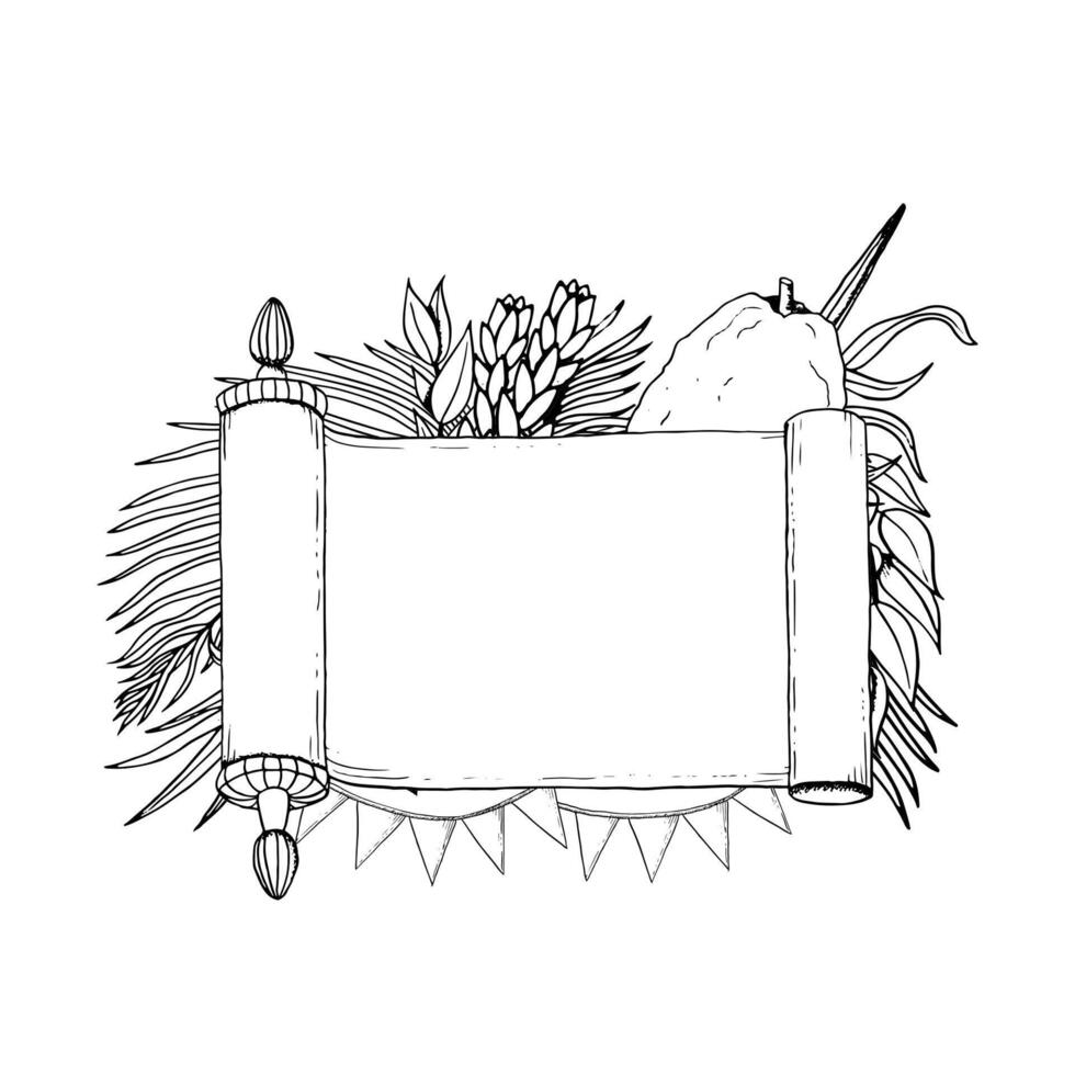 Sukkot horizontal banner template with blank Torah scroll and holiday symbols black and white illustration. Four species etrog fruit, hadass, lulav, aravah, myrtle and willow with palm leaves vector