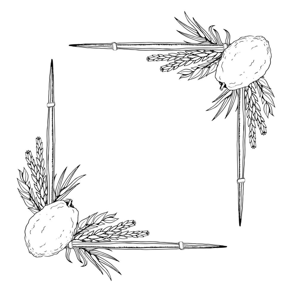 Sukkot square frame template line black and white illustration with etrog, lulav and four species for Jewish holiday greeting cards and napkins vector