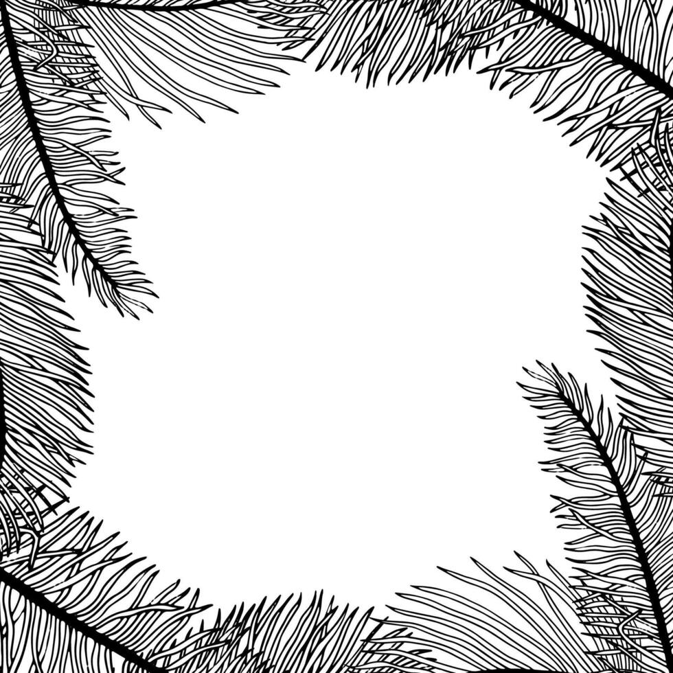 Line tropical palm leaves square frame black and white illustration with ink twigs and branches. Jungle florals label template for postcard, invitation, banner or poster vector