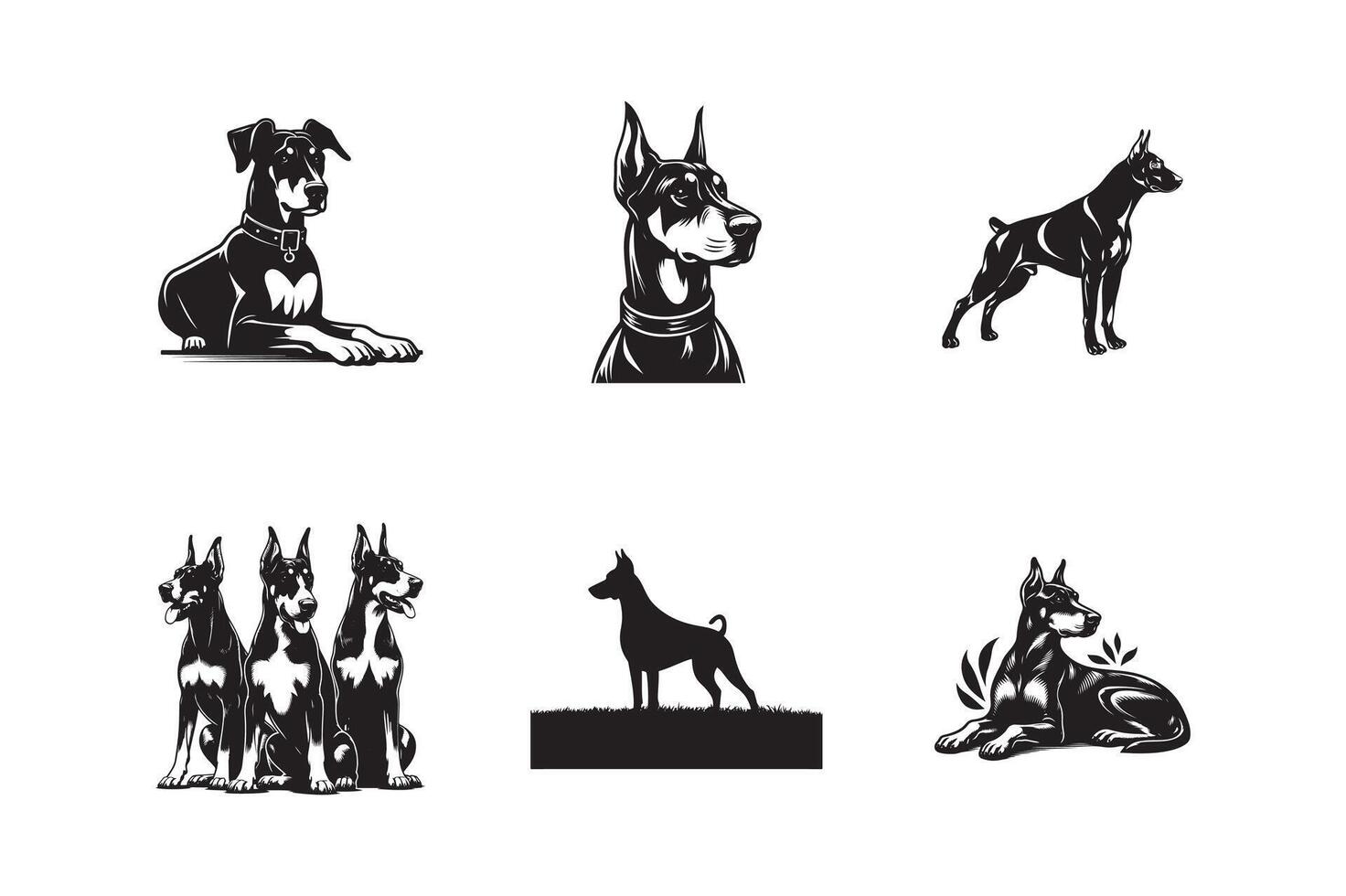 set of Doberman dog , art, illustration design, Doberman dog silhouette, logo, design black and white vector
