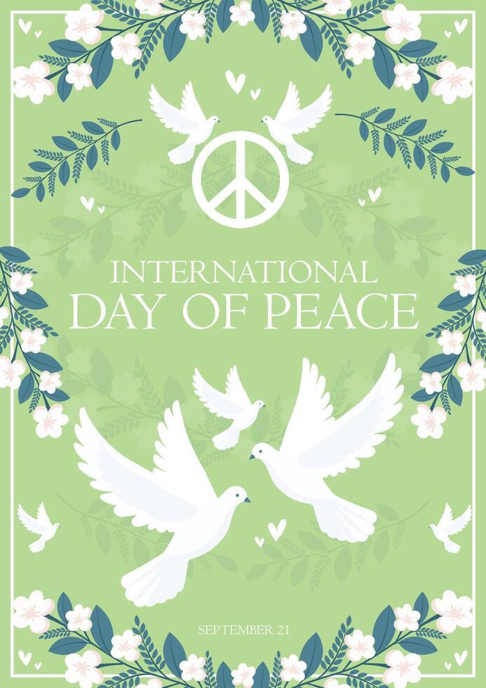international peace day greeting card with doves and flowers vector