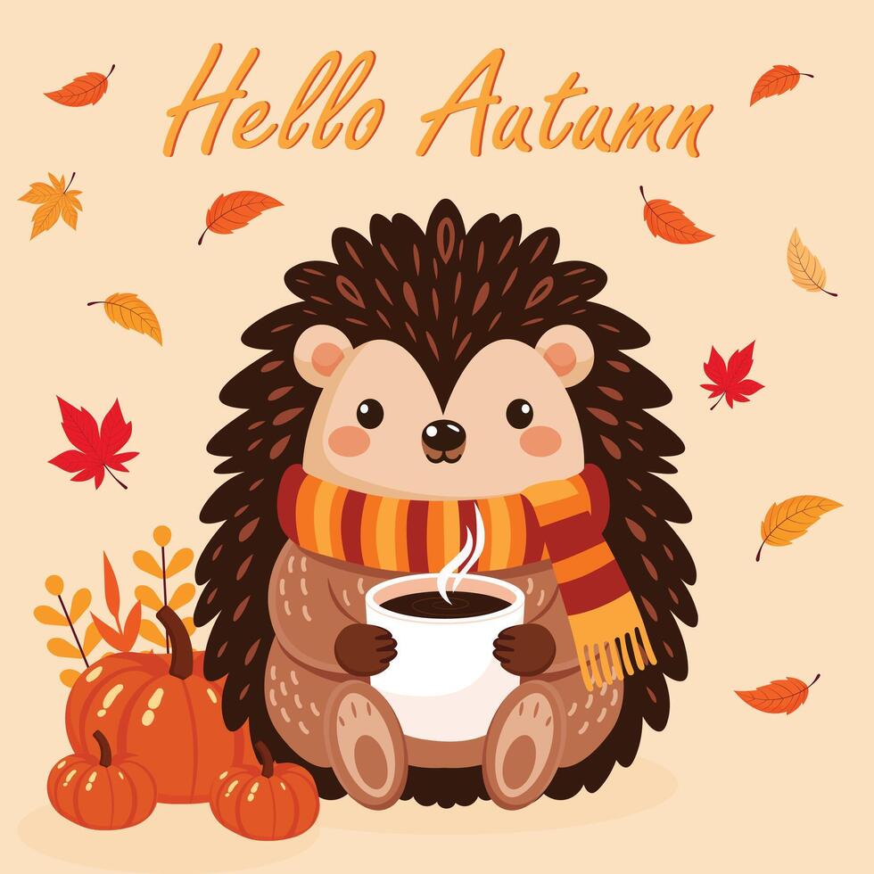 autumn postcard with cute hedgehog in scarf with coffee mug vector