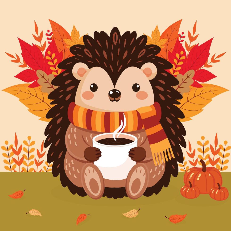 little cute hedgehog in autumn scarf with autumn leaves and pumpkin vector