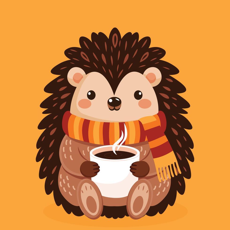 cute little hedgehog in autumn scarf with coffee mug flat design vector