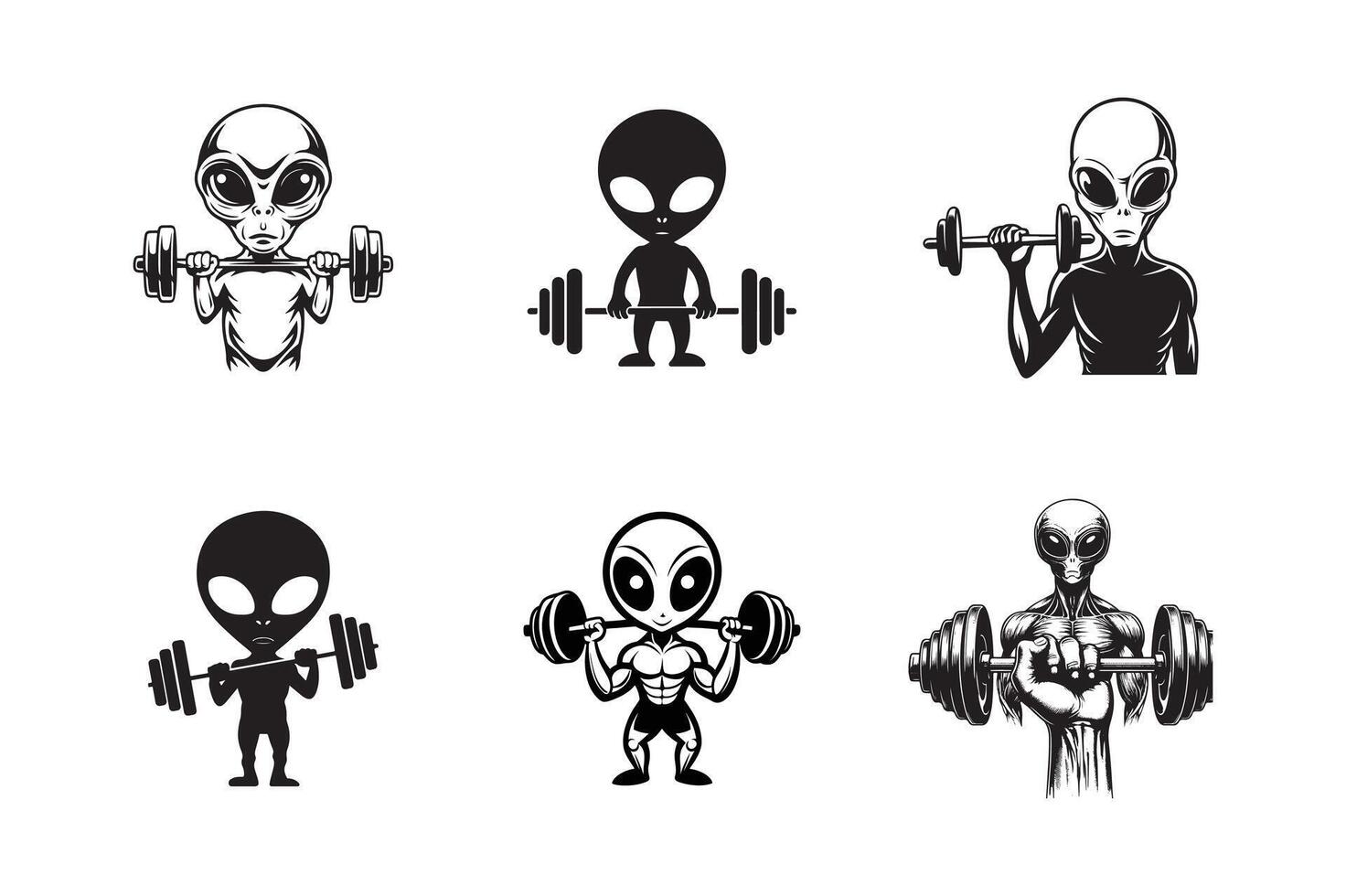 set of an alien body with a barbell that on hand , art illustration silhouette logo design vector