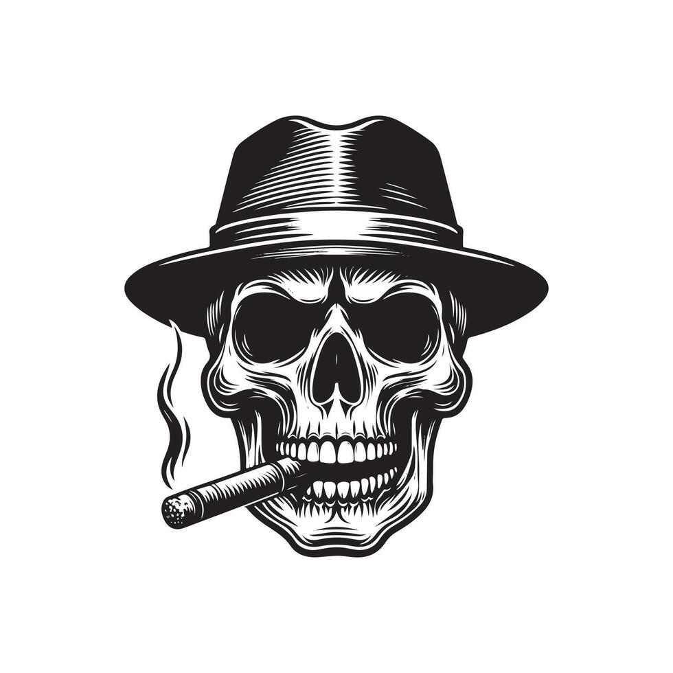 criminal and mafia Gangster skull , logo design, gangster Head of skeleton in hat with cigar in its mouth , illustration design vector