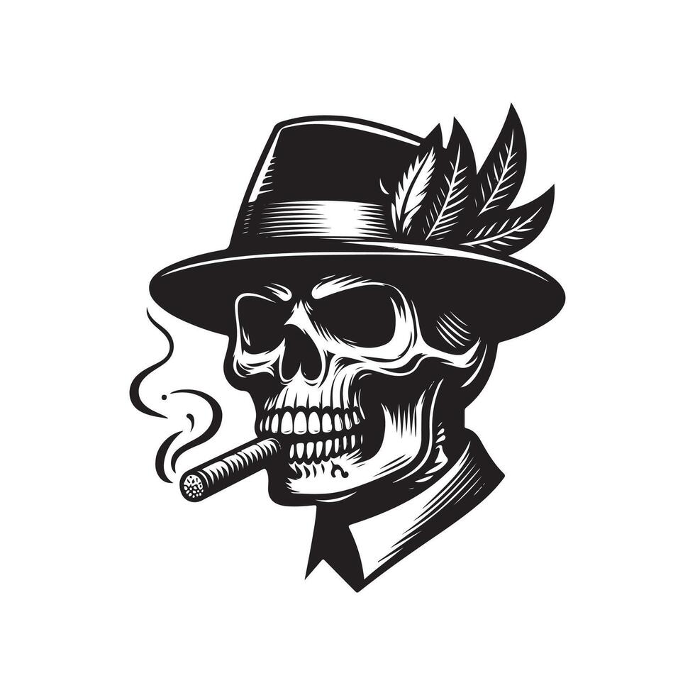 criminal and mafia Gangster skull , logo design, gangster Head of skeleton in hat with cigar in its mouth , illustration design vector