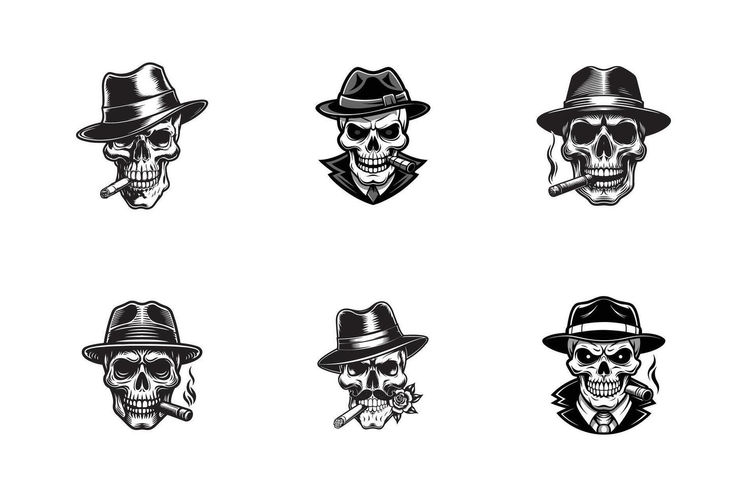 set of criminal and mafia Gangster skull , logo design, gangster Head of skeleton in hat with cigar in its mouth , illustration design vector