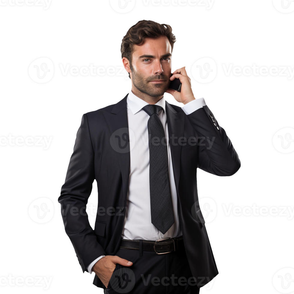 Sharp Businessman in Black Suit with Phone No Background png