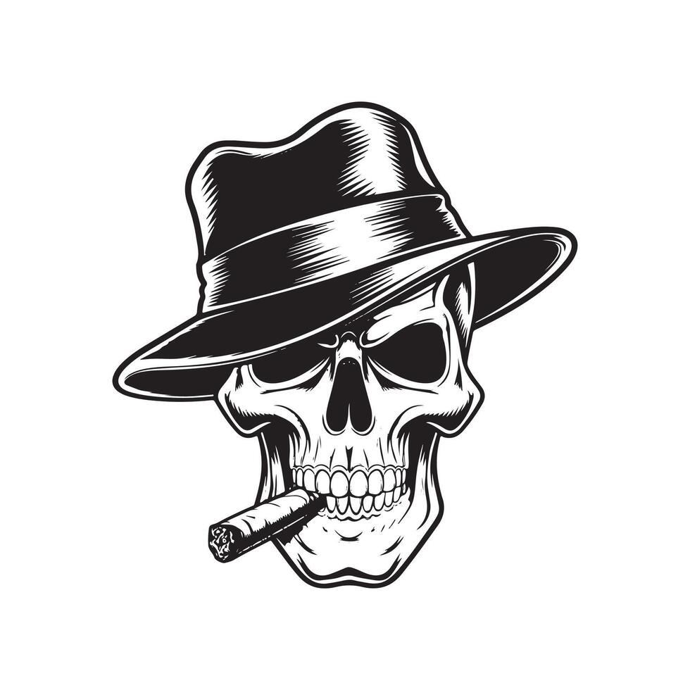 criminal and mafia Gangster skull , logo design, gangster Head of skeleton in hat with cigar in its mouth , illustration design vector