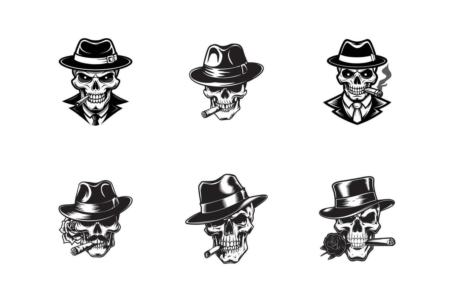 set of criminal and mafia Gangster skull , logo design, gangster Head of skeleton in hat with cigar in its mouth , illustration design vector