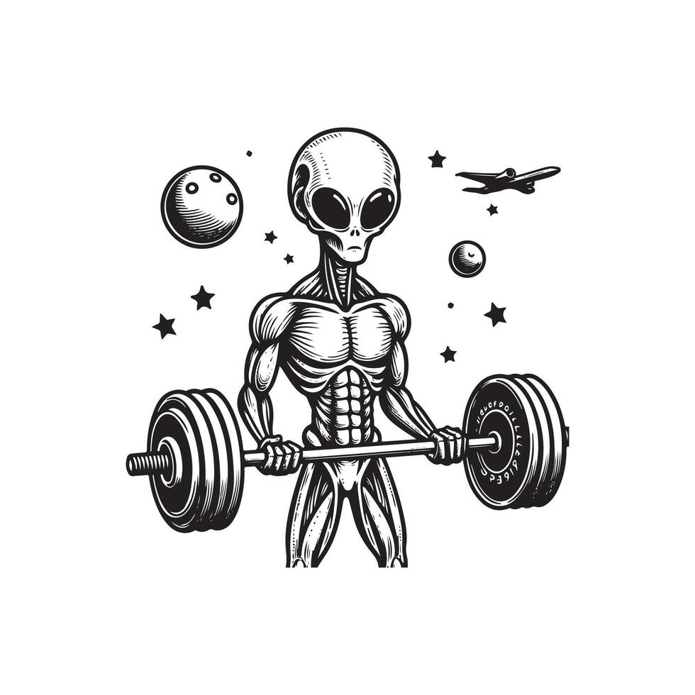 an alien body with a barbell that on hand , art illustration silhouette logo design vector