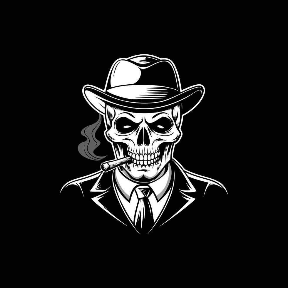 criminal and mafia Gangster skull , logo design, gangster Head of skeleton in hat with cigar in its mouth , illustration design vector