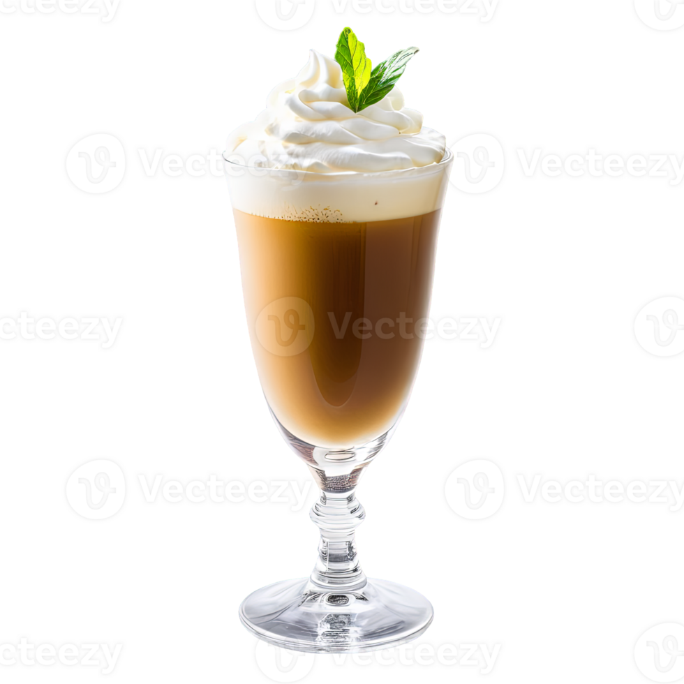 A glass of coffee with whipped cream and a mint leaf on top. The drink is in a tall glass, and the whipped cream is thick and fluffy. png