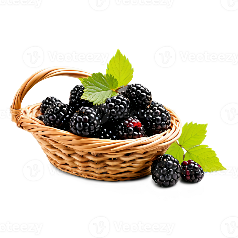 Blackberries glossy and dark tumbling from a small wicker basket side view png