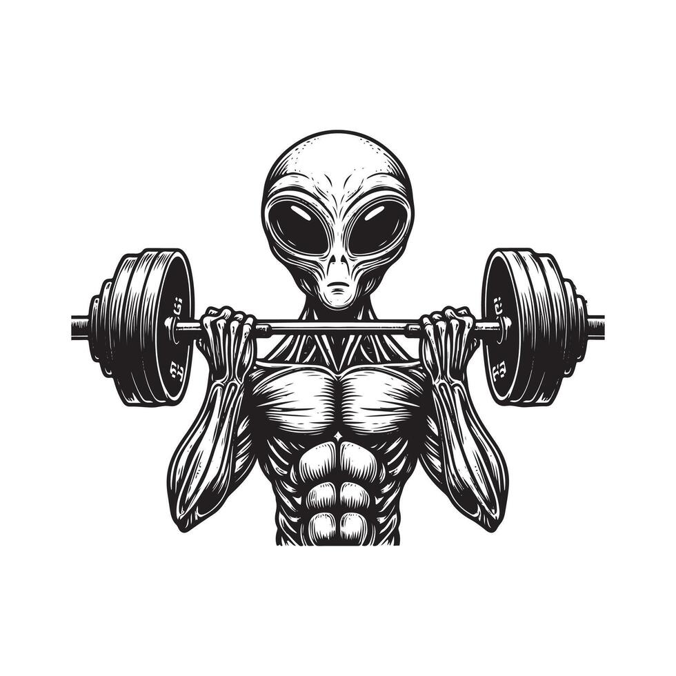 an alien body with a barbell that on hand , art illustration silhouette logo design vector