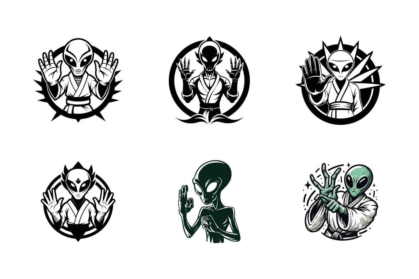 set of an alien karate fight , art illustration silhouette logo design black and white vector