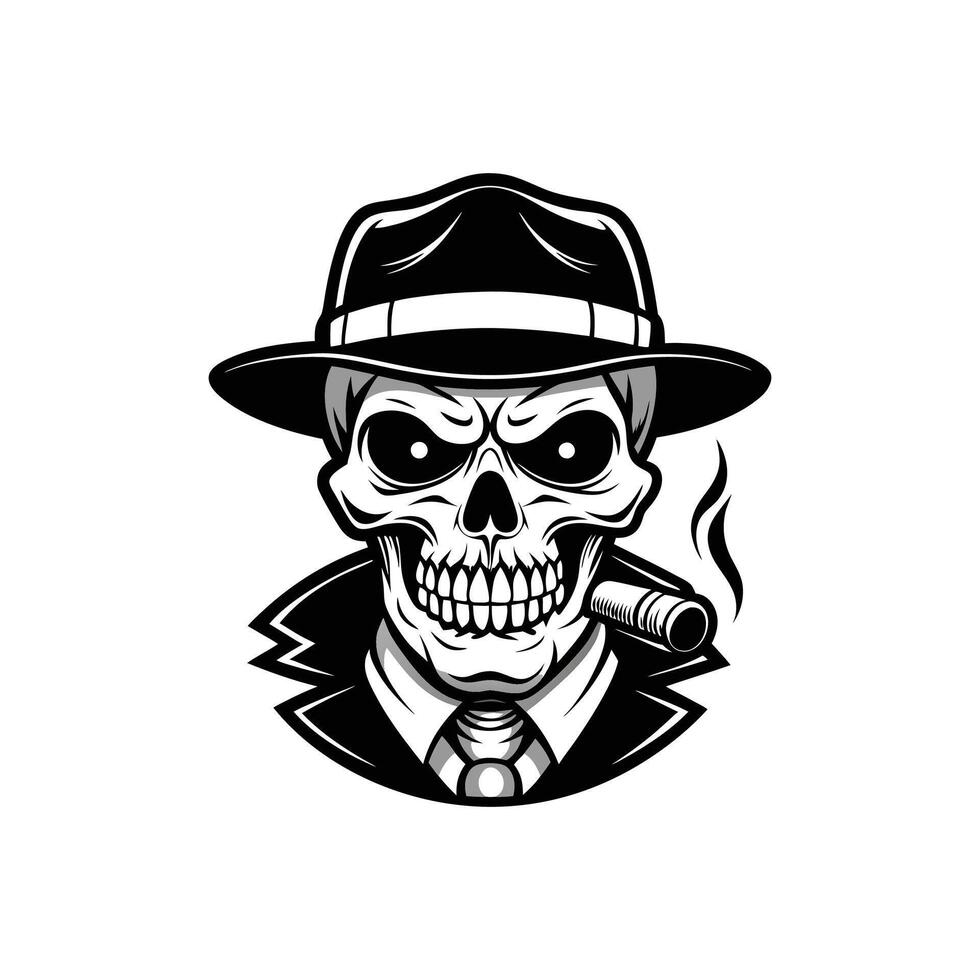 criminal and mafia Gangster skull , logo design, gangster Head of skeleton in hat with cigar in its mouth , illustration design vector