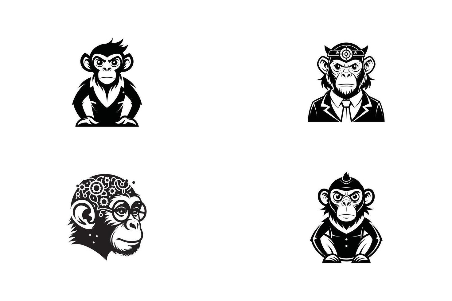 set of intelligent monkey , illustration, silhouette, logo design template black and white vector