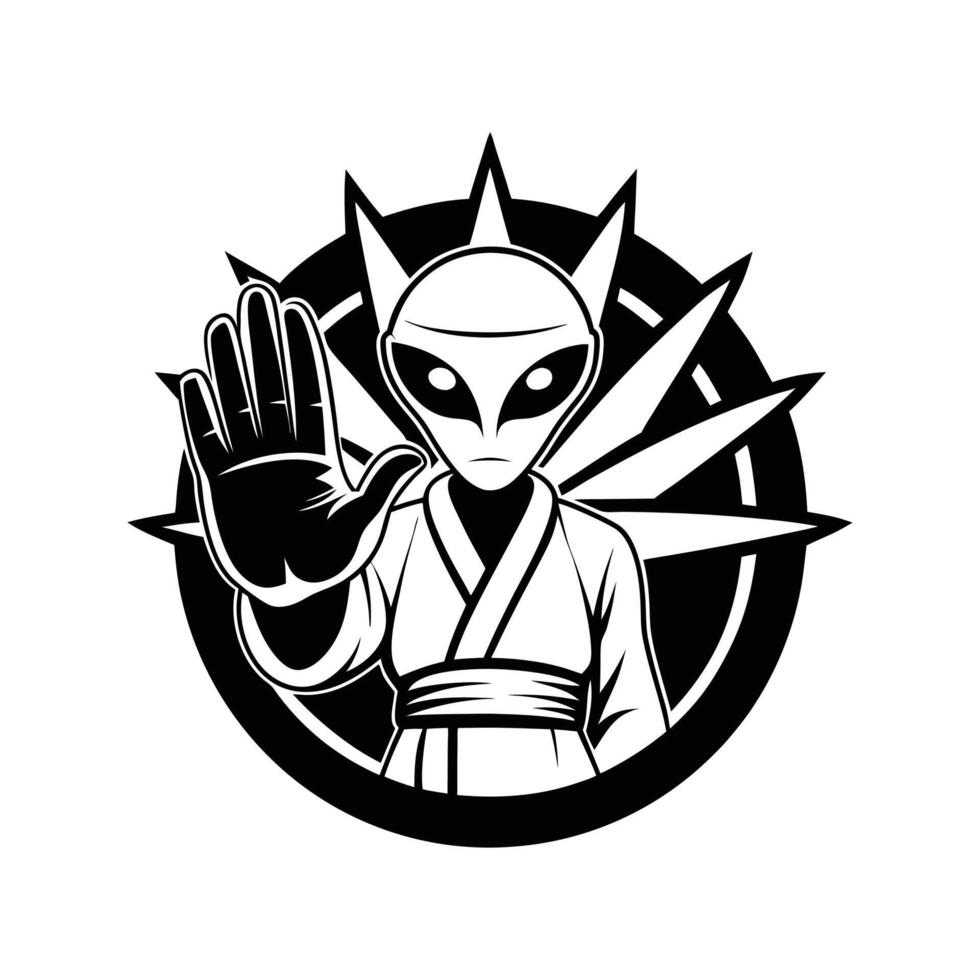 an alien karate fight , art illustration silhouette logo design black and white vector