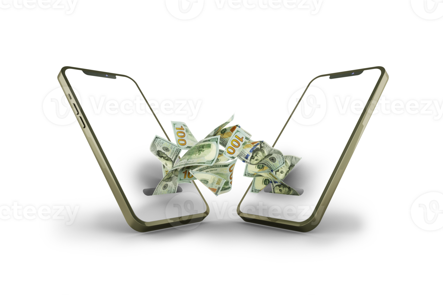 Sending and receiving US dollar notes from one mobile phone to another. Online money transfer concept. money coming out of phone isolated on transparent background. mockaup templated. 3d rendering png