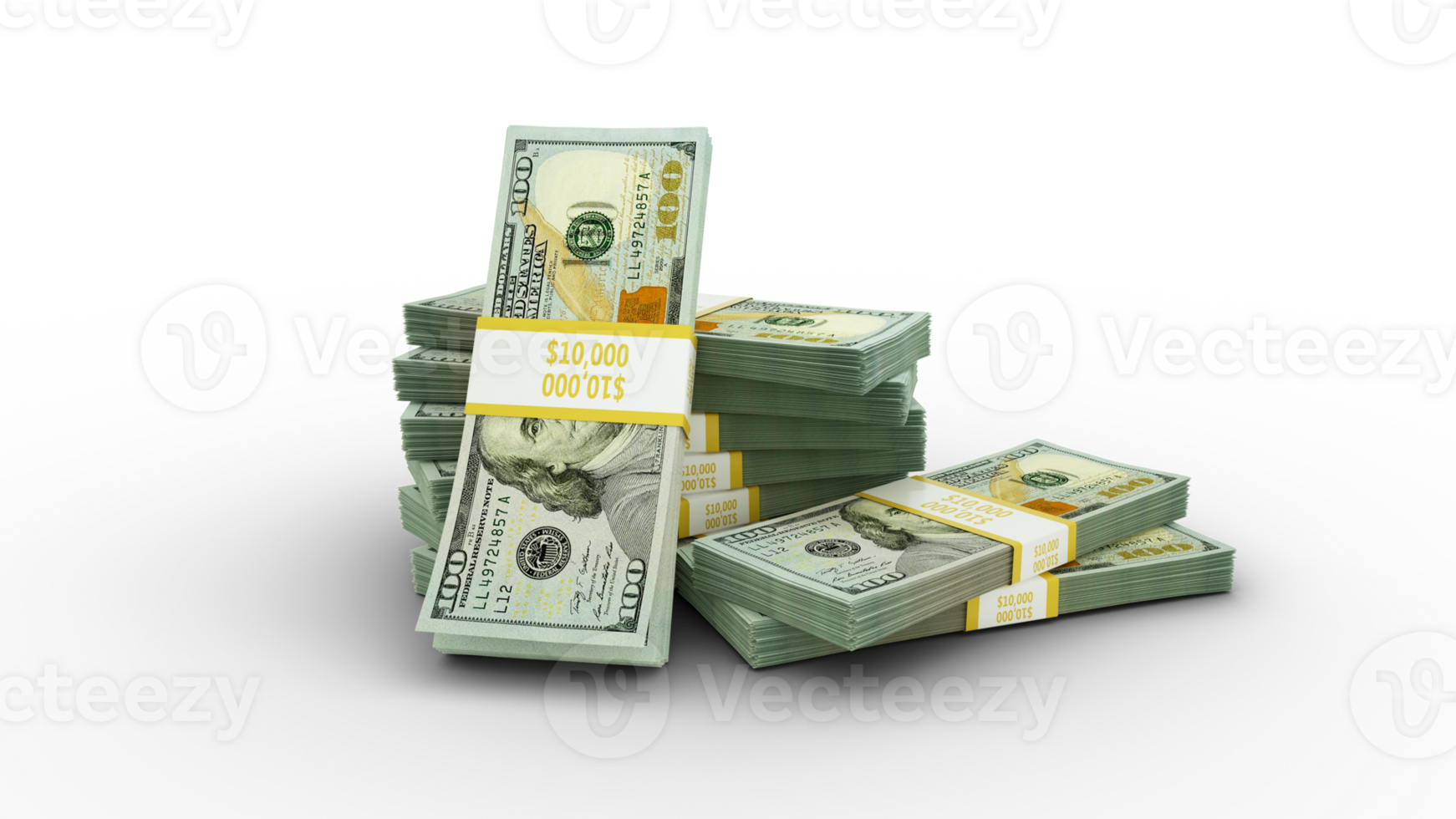 Stacks of 100 US dollar notes. bundles of United States currency notes isolated on transparent background png