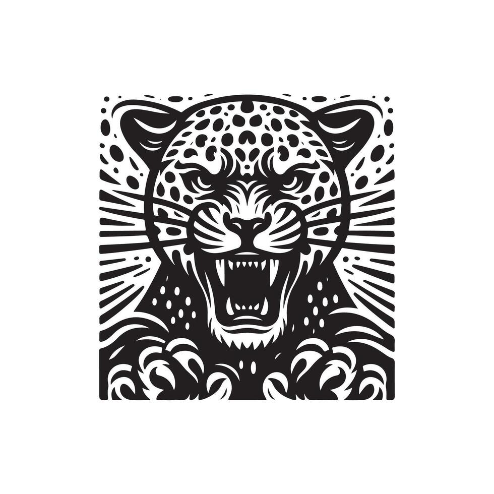 angry leopard , art design, angry leopard silhouette illustration black and white vector