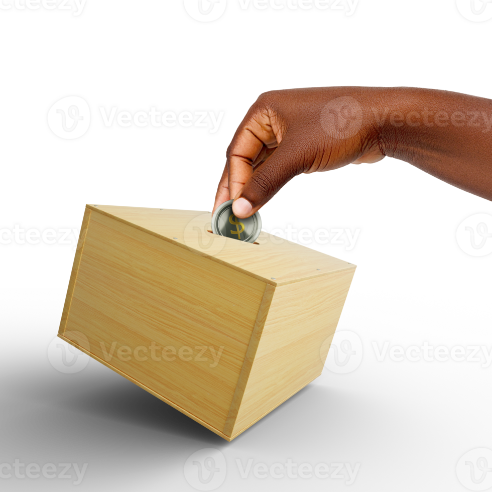 Black Hand putting us dollar coin into wooden savings box isolated on transparent background, personal, future, investment, african, brown, skin, save, money png