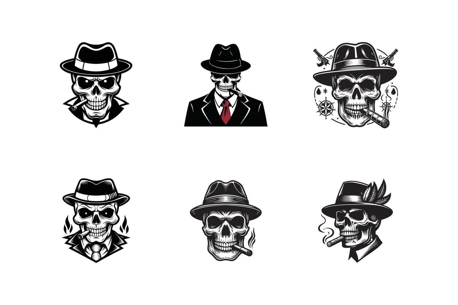 set of criminal and mafia Gangster skull , logo design, gangster Head of skeleton in hat with cigar in its mouth , illustration design vector