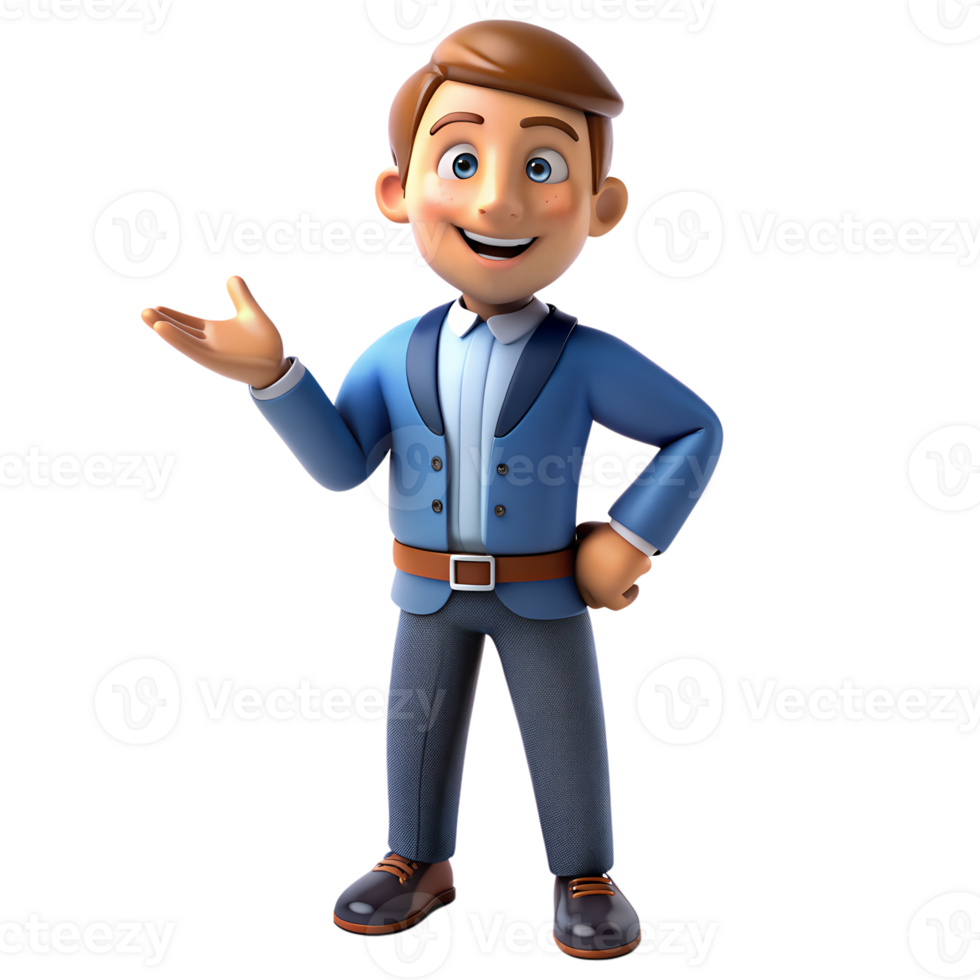 Cartoon character of a brown-haired man, standing with his hands raised in a confident gesture. 3D character design. png