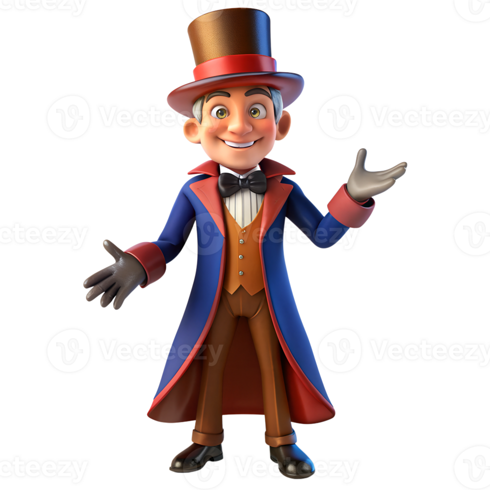 3D model Charming Magician Character Standing in a Blue and Red Tailcoat with a Top Hat png