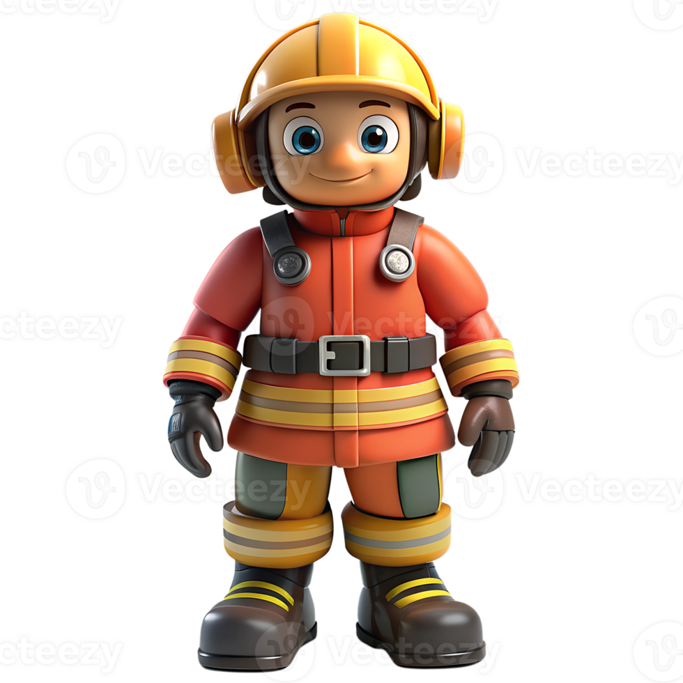 Cartoon 3D Brave Firefighter Character in Full Gear, Ready to Battle Flames and Save Lives with Courage and Determination png