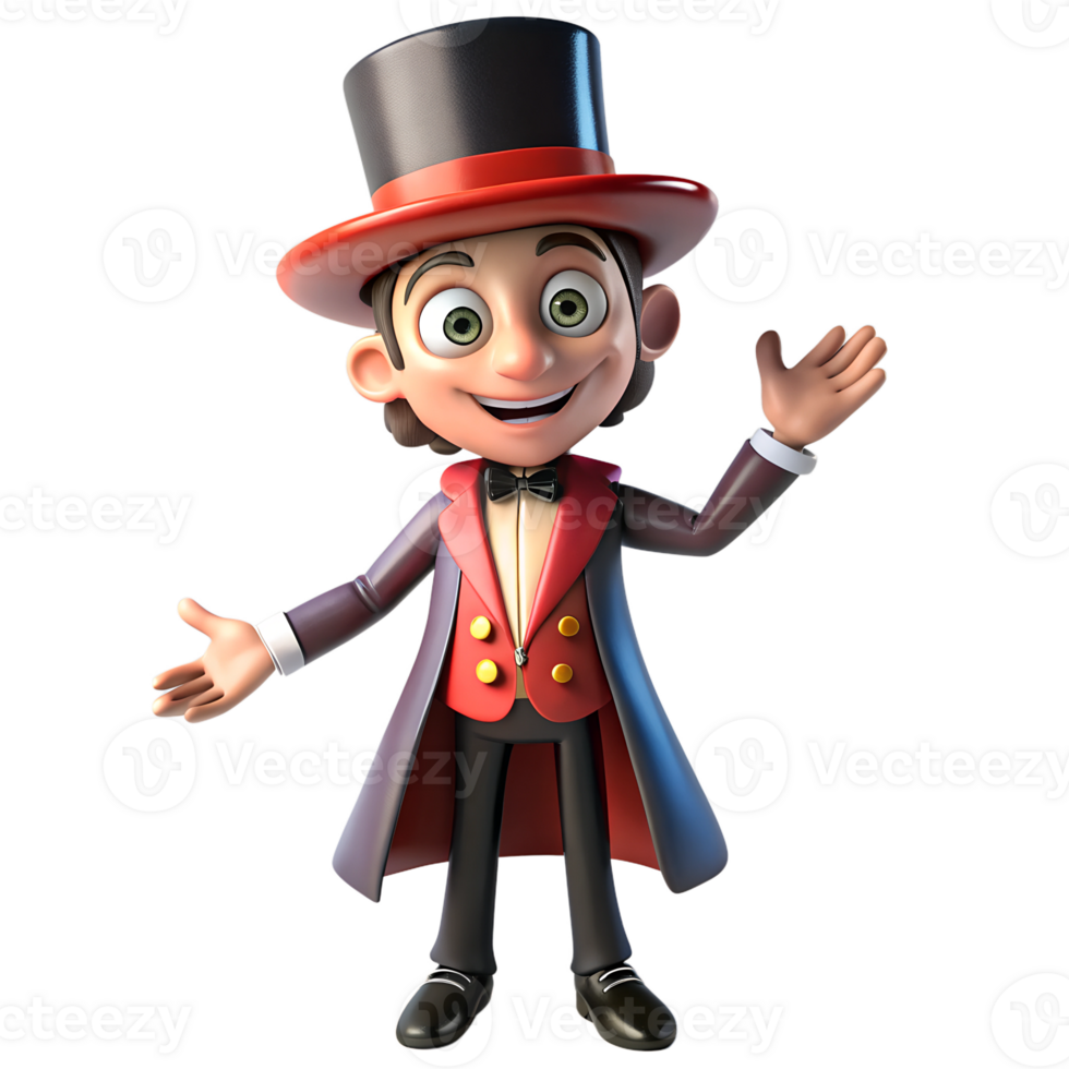 3D model of a magician, wearing a show costume and a cartoon character model to present the profession of a magician. png