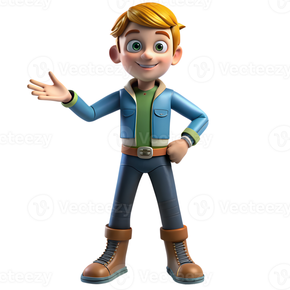 Cartoon character of a man with yellow hair, standing with his hands raised in a confident gesture. 3D character design. png