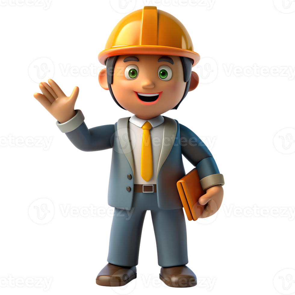 Cartoon 3d model of project manager engineer occupation wearing hard hat and safety vest png